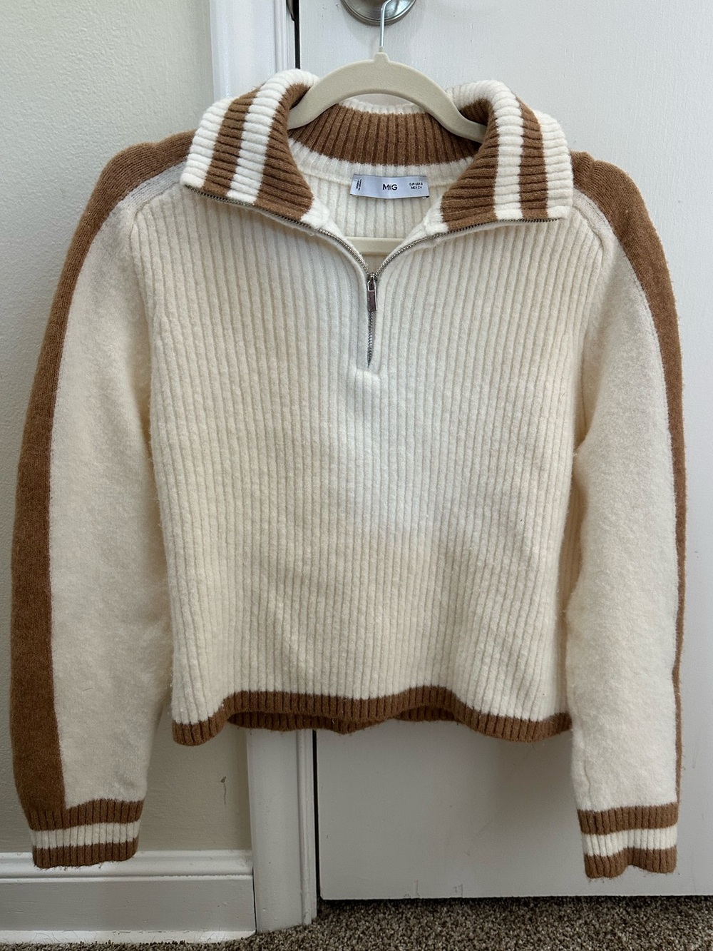 Mango MNG Quarter Zip Pullover Sweater in Cream with Brown Stripes